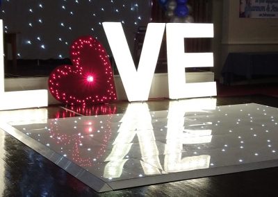3D Light up LOVE Letters for hire with star light dance floor